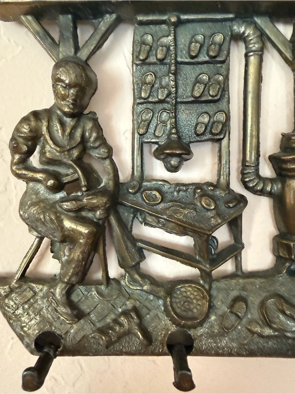 Vintage Brass Key Holder Cobbler Workshop scene
